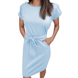 MQTIME  -  Summer Women Versatile Dress With Belt Casual Short Sleeve Round Neck Fashionable Dress Outfits Holiday Midi Sundress Vestidos