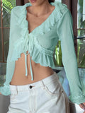  MQTIME  -  Y2k Sweet Solid Bandage Ruffles Neck Lace-up Patchwork Irregular Design Short Cardigan