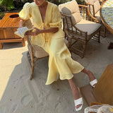 MQTIME  -  Elegant High Waist Holiday Outfit 2025 New Women's V Neck Lace Up Top + Long Skirt Suit Sweet Casual Puff Sleeves Two Piece Set