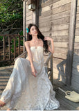 MQTIME  -  Dresses Women Floral Printed Ruffles Elegant Holiday Beach Wedding Party Cocktail Dress Backless Fairy Princess