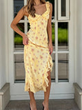  MQTIME  -  Summer Flower Print French Temperament Irregular Hem V Neck Sleeveless High Waist Dresses