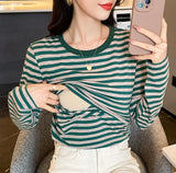 Mqtime Purple Black Autumn Long Sleeve Maternity O-Neck Nursing Top Breastfeeding Striped Shirt Postpartum Woman Zip Fly Lactation Tees