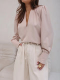 MQTIME  -  Spring Summer Women V-Neck Loose Blouses, Elegant Solid Patchwork Long Sleeve Tops, Simple Fashion Chic Ladies Shirts Streetwear