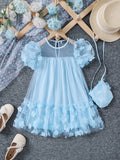 MQTIME  -  Girls Summer Mesh Splicing Three-dimensional Flower Fashion Princess Dress with Crossbody Bag Dress