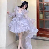 MQTIME  -  Sweet Lolita French Puff Sleeve Lace Bow Ruffle Tiered High Low Hem Tulle Dress Women Girls Graduation Party Evening Formal Wear