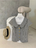 MQTIME  -  Summer French Vintage Plaid Print Peter Pan Collar Short Sleeve Single Breasted Women Shirt