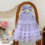 MQTIME  -  Girls' Mesh Dress New Princess Puffy Gown Kids Birthday Party Sleevless Tulle Vestidos Children Fashion Lace Clothing 2-10Y