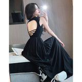 MQTIME  -  2024 Summer Style Open Back Dress with Black Hepburn Style, High end, Slim Fit, Beach Vacation Solid Color Long Dress for Women