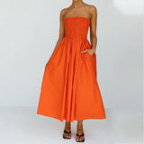 MQTIME  -  Fashion Sleeveless Pleated A-line Long Dress Summer Slash Neck High Waist Dresses Women Beach Spaghetti Strap Cloth