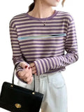 Mqtime Purple Black Autumn Long Sleeve Maternity O-Neck Nursing Top Breastfeeding Striped Shirt Postpartum Woman Zip Fly Lactation Tees