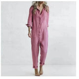 MQTIME  -  Fashion Cotton Linen Long Sleeve Pocket Jumpsuit Women'S Autumn Casual Loose Solid Color Shirt Jumpsuit Female Military Rompers