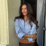 MQTIME  -  French Relaxed Cropped Shirt Light Blue Backless Tie-up Blouse Women Button Down Tops Casual Chic Female Minimalist Streetwear