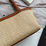  MQTIME  -  Women's Khaki Straw Weave Leather Patchwork Tote Bag Vacation Casual Aesthetic Beach Daily Shoulder Handbag Summer Trend