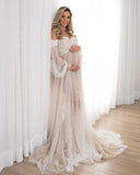 MQTIME  -  Romantic Pearls Maternity Dress Photoshoot Off Shoulder Sheer Tulle Pregnancy Dress Luxury Pearl Beaded Baby Shower Dresses