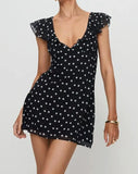 MQTIME  -  Luxury Women Casual Dot Print Short Dress Lace Slim V Neck Flying Sleeve A-line Mini Dress for Daily Party Club