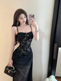 MQTIME  -  Women's Pure Desire Wind Red Lace Waist Dress Dress