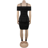 ﻿ MQTIME  -  Street Women Slash Neck Halter Ribbon Ruched Mini Dress 2025 Fall Evening Sexy Party Beach Vacation Dresses Vestidos