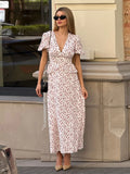 MQTIME  -  Floral Ruffles Patchwork Maxi Dress Women Summer V-neck Puff Sleeve High Waist Fashion Robes Lady Elegant Prty Long Drsss 2025
