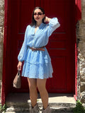 MQTIME  -  Cotton Ruffles Mini Dress Women Long Sleeve V-neck Elegant High Waist A-line Dresses Female 2025 Summer Button Up Street Robe