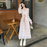 MQTIME  -  2024 Large Spring French Vintage Sweet Fragmented Flowers High Waist Slimming Chiffon Embroidered Dress Long sleeved Long Skirt