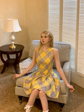 MQTIME  -  Streetwear Yellow Palid A-Line Dress Design Sleeveless Fairy Dress Vintage Classical Plaid Prom Gown Fashion Office Lady