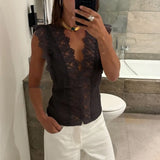 MQTIME  -  Women Floral Lace Trim Sheer Mesh Patchwork Tops Y2K See Thru Sleeveless V-Neck Slim Fit Shirts Summer Going Out Vest