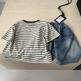  MQTIME  -  Boys Suit Spring/summer New Childrens Clothes Boys Baby Print Stripe T-shirt Denim Cropped Pants Two-piece Set Simple