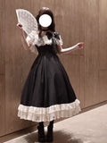 MQTIME  -  French Elegant Princess Summer Bow Lace Ruffle Off Shoulder High Waist Big Swing Black White Dress Women Girls Party Daily Wear