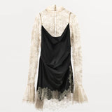 MQTIME  -  Cute Elegant Party Dress Lace Satin Paneled Sexy Hot Waist-cinching Date Lady Dresses Retro Figure-flattering Women Clothing