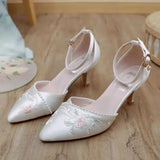 MQTIME  -  Pointed Thin Middle Heel 2024One Line Buckle Toe Sandals Embroidered Flower Shoes Retro Single Shoes