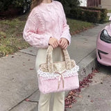 MQTIME  -  Sweet Utility Tote, Plush Deer Spot Bag With Lace Bow, Lolita Style Large Capacity Crossbody, Brown Pink Soft Shoulder Bag