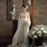  MQTIME  -  Women Maternity Dress for Photography Retro White Elegant V-neck Long Dress Pregancy Clothes for Studio Photo Shooting Clothing