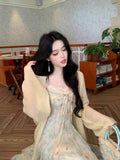MQTIME  -  Summer Floral Printed Long Dress Women Patchwork Lace Chiffon Fairy Dress Casual Gold Stamping Bow Tie Suspender Dress
