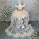 MQTIME  -  Champagne Flower Girl Dresses Colorful Flowers Butterfly Sequin With Bow And Tailing For Wedding Birthday Party Princess Gowns