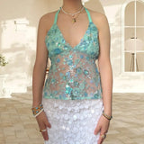 MQTIME  -  Summer Sexy Sequin Embroidery Glitter Tops Women V Neck See Through Sleeveless Backless Tops Female Lady Solid Party Streetwears