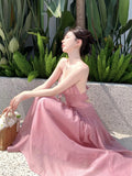 MQTIME  -  Women Summer Pink Backless Elastic Strap Long Beach Dress robe elegante femme boho dress vestidos платье высокое качество