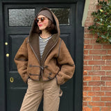 MQTIME  -  Brown Faux Shearling Trimmed Horn Button Short Jacket Women Patchwork Full Sleeve Oversize Coat Winter Cozy Stylish Outerwear