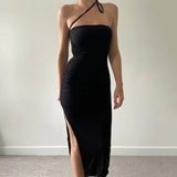 MQTIME  -   New Elegant Spaghetti Strap Backless Bodycon Dress for Women Sexy Skinny White Split Maxi Dress Evening Party Club Clothing