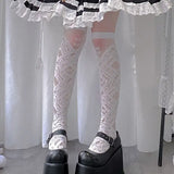 MQTIME  - Subculture Harajuku Sheer Mesh Thigh High Stockings Girai Kei Lace Trim Over Knee Socks Gothic Sweet Lolita Socks