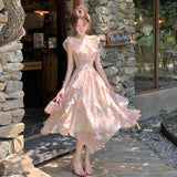 MQTIME  -  Elegant Seaside Vacation Floral Printed Dress Summer Off Shoulder Women Camisole Dress Slim Casual Ruffles Fairy Dress