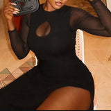 MQTIME  -  Elegant High Split Slim Wrap Hips Dress Lady See-through Sleeve Solid Evening Dresses Sexy Mesh O-neck Hollow Out Bodycon Dress