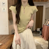 MQTIME  -  2024 Summer New Ice Silk Knitwear Women's Chinese Style Slim Fit Retro Short sleeved T-shirt Top Women