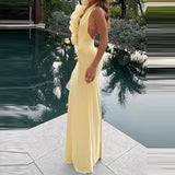 MQTIME  -  Chic Spliced Flower High Waist Banquet Dress Women New Spring Sexy Halter V Neck Robe Dress Summer Backless Wrap Hip Party Dress