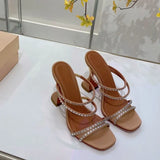 MQTIME  -  Square Sandals Women's Summer Roman Women's Shoes with Open-toed Rhinestone Slippers Women