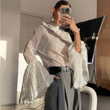 MQTIME  -  French Elegant Sexy Lace See-Through Blouse Ribbon Women's Fashion Ruffled Long Sleeve Top Luxury Party Female Chic Solid Top