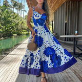 MQTIME  -  Blue Floral Print Waist Bohemian Dress Elegant V-neck Sleeveless High Waist Strap Dress 2024 Summer Vacation Women's Long Dress