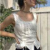 MQTIME  -  2024 New Summer Pure White Sleeveless Vest-style Lace-up Round Neck Lace Drawstring Y2k Top With A T-shirt Inside And A Bottom