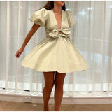 MQTIME  -  New European and American cross-border women's clothing wholesale women's bubble sleeve bow decoration elastic waist dress