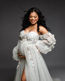 MQTIME  -  Elegant Lace Appliques Maternity Wedding Dress Off-Shoulder Organza Mesh Prom Party Gowns High Slit  Photography Dresses