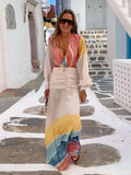  MQTIME  -  Holiday Women's Dress V-neck Full Sleeve Backless Print Long Female Dresses Summer Vacation Fashion Chic New Lady Outfit
